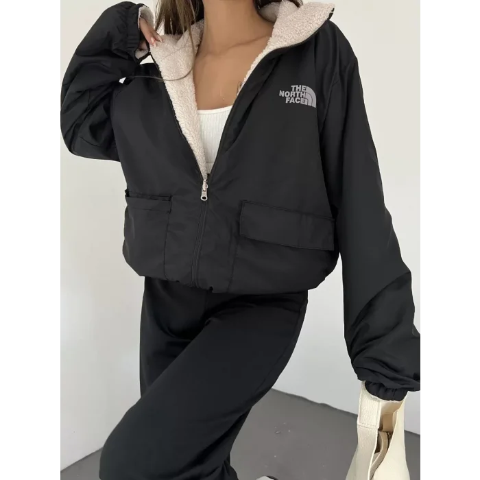 Siyah Çift Taraflı Giyilebilir Kürklü Mont