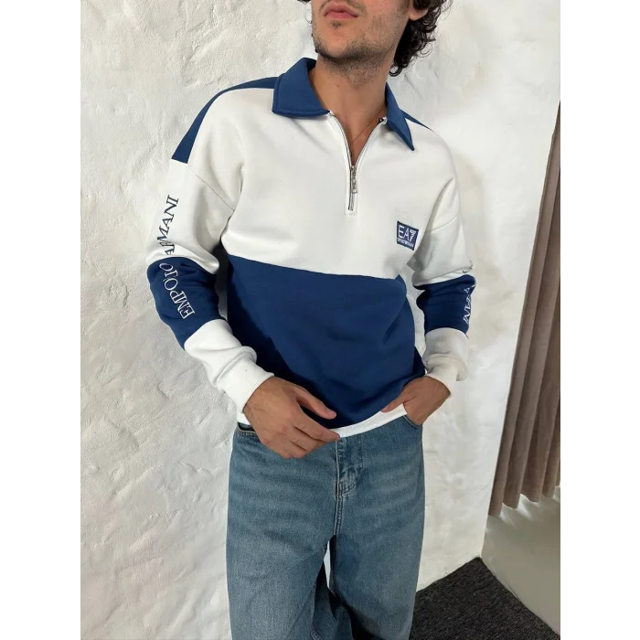 Lacivert EA7 Fermuar Yaka Unisex Oversize Sweat