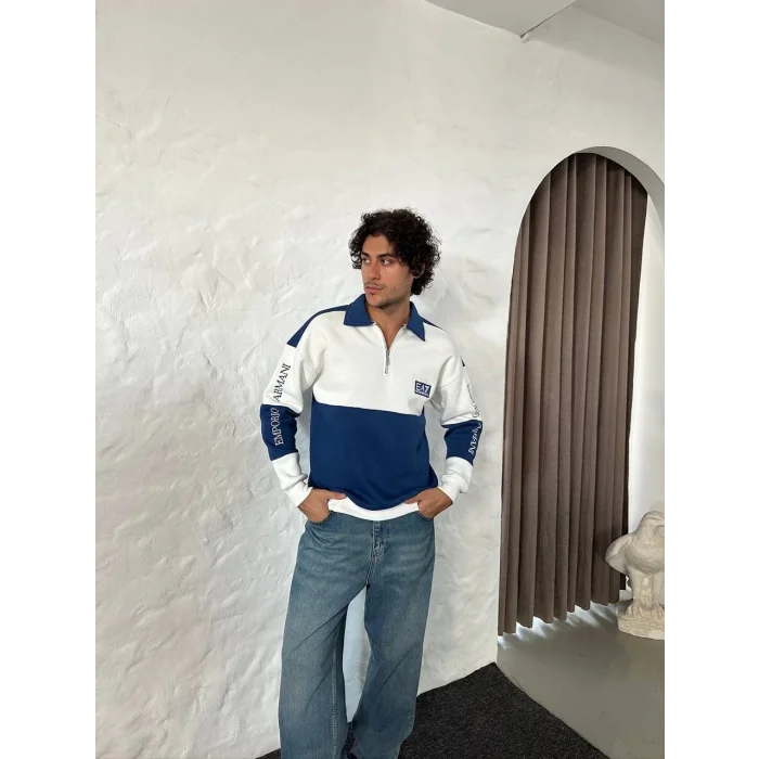 Lacivert EA7 Fermuar Yaka Unisex Oversize Sweat