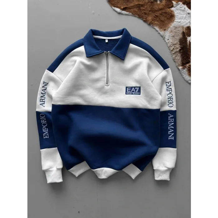 Lacivert EA7 Fermuar Yaka Unisex Oversize Sweat