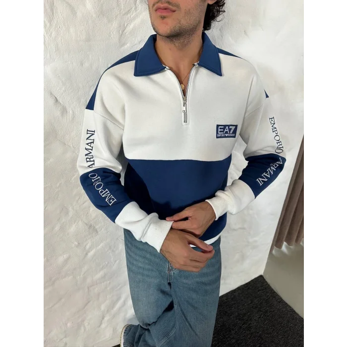 Lacivert EA7 Fermuar Yaka Unisex Oversize Sweat