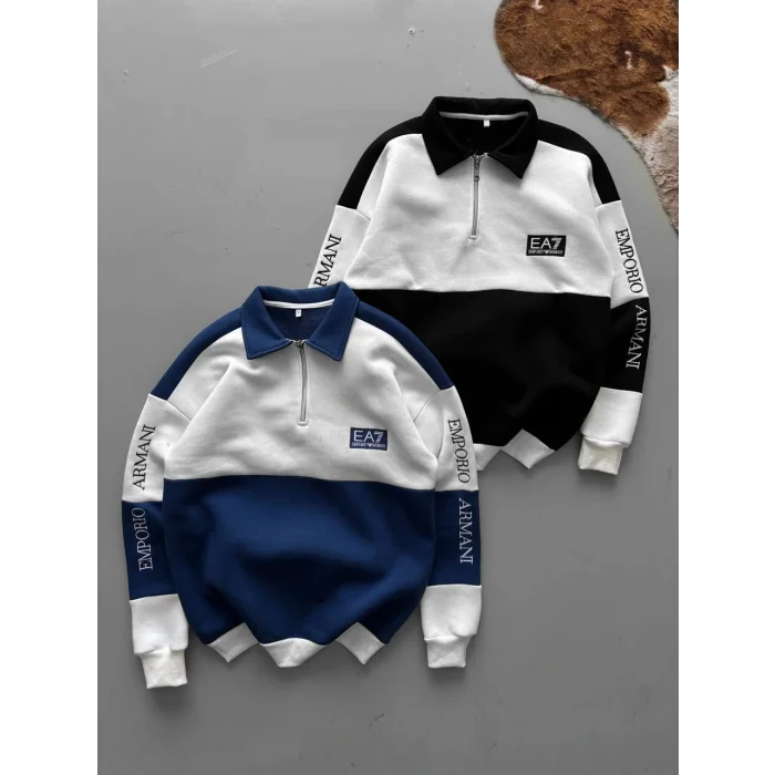 Lacivert EA7 Fermuar Yaka Unisex Oversize Sweat