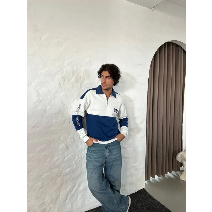 Lacivert EA7 Fermuar Yaka Unisex Oversize Sweat