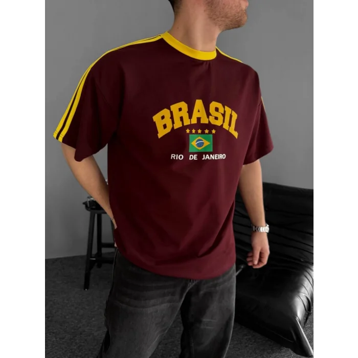 Bordo Brasil Oversize Unisex Bisiklet Yaka Tshirt