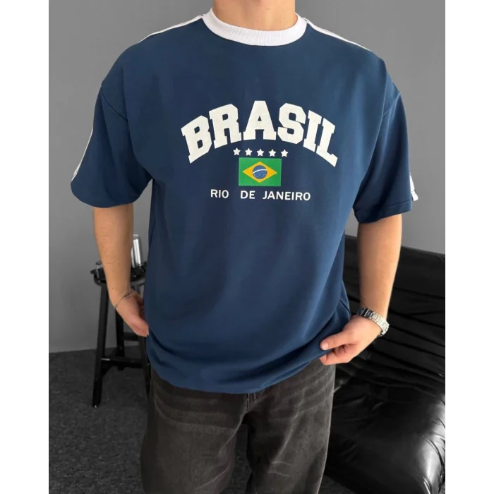 Mavi Brasil Oversize Unisex Bisiklet Yaka Tshirt