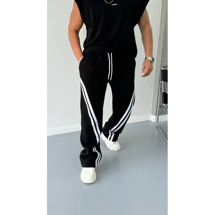 Siyah Çapraz Çift Şerit Oversize Eşofman