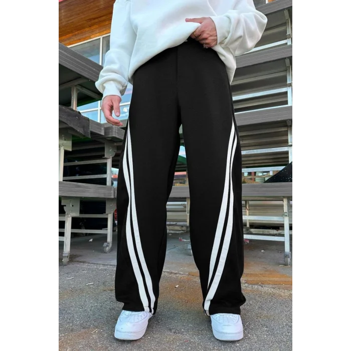 Siyah Önden Çift Şerit Oversize Eşofman