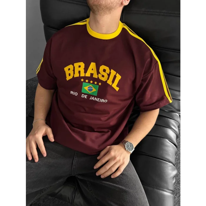 Bordo Brasil Oversize Unisex Bisiklet Yaka Tshirt