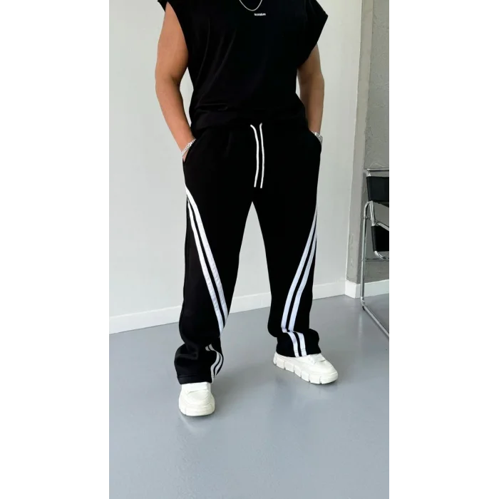 Siyah Çapraz Çift Şerit Oversize Eşofman