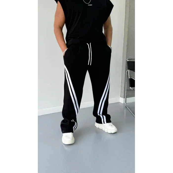 Siyah Çapraz Çift Şerit Oversize Eşofman