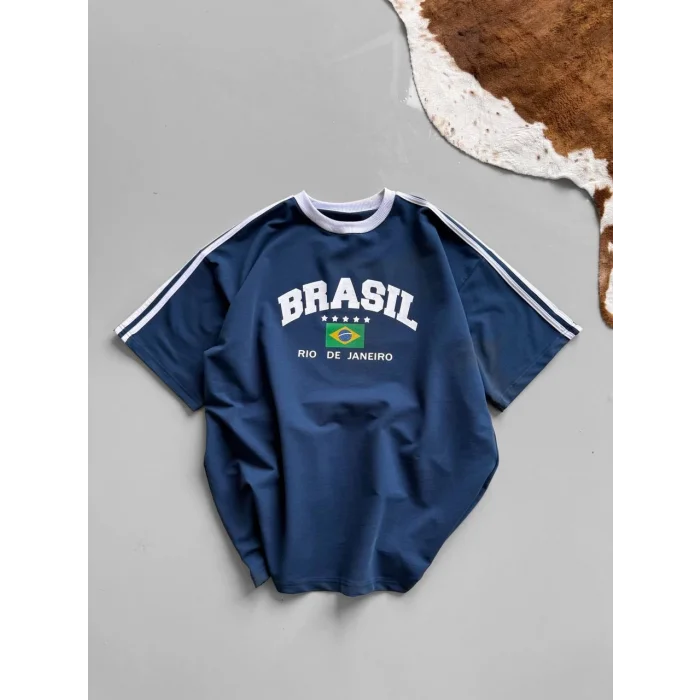 Mavi Brasil Oversize Unisex Bisiklet Yaka Tshirt