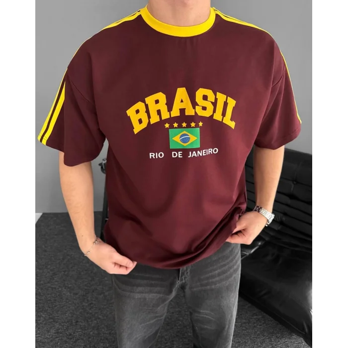 Bordo Brasil Oversize Unisex Bisiklet Yaka Tshirt