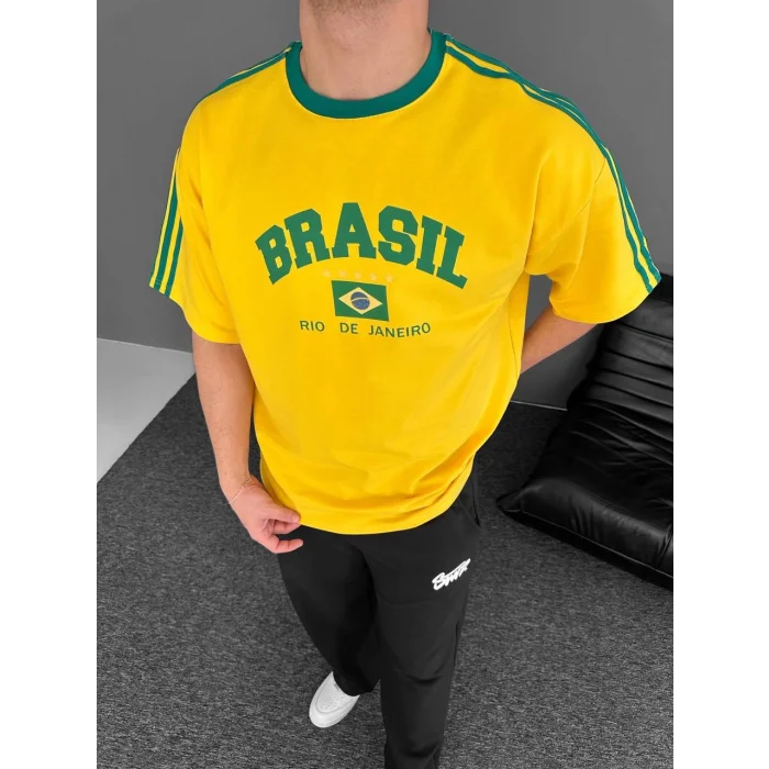Sarı Brasil Oversize Unisex Bisiklet Yaka Tshirt