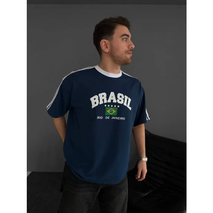 Mavi Brasil Oversize Unisex Bisiklet Yaka Tshirt