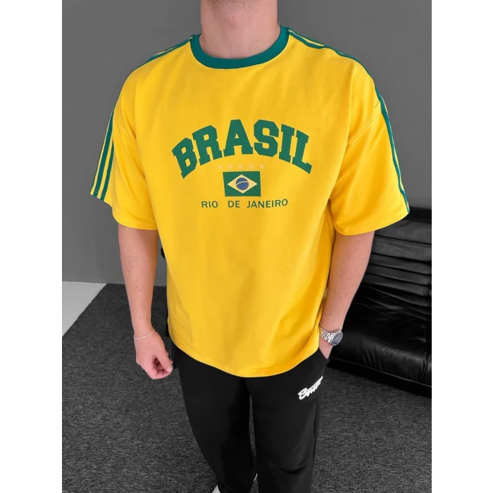 Sarı Brasil Oversize Unisex Bisiklet Yaka Tshirt