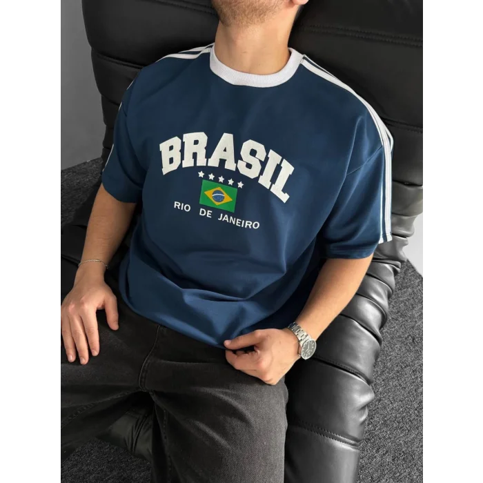 Mavi Brasil Oversize Unisex Bisiklet Yaka Tshirt