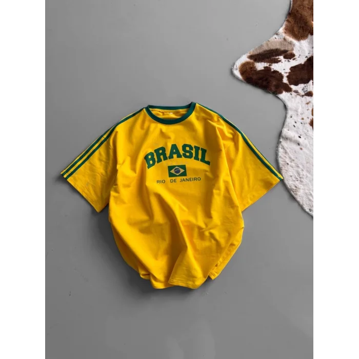 Sarı Brasil Oversize Unisex Bisiklet Yaka Tshirt