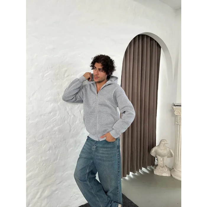 Gri Basic Kapşonlu Unisex Oversize Sweat