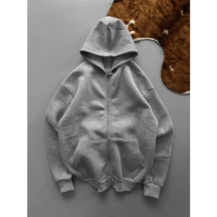 Gri Basic Kapşonlu Unisex Oversize Sweat