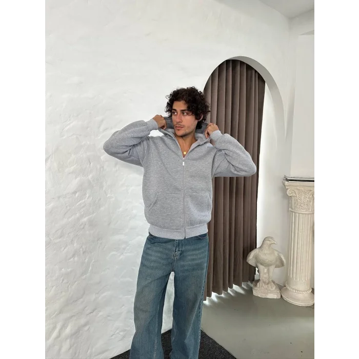 Gri Basic Kapşonlu Unisex Oversize Sweat