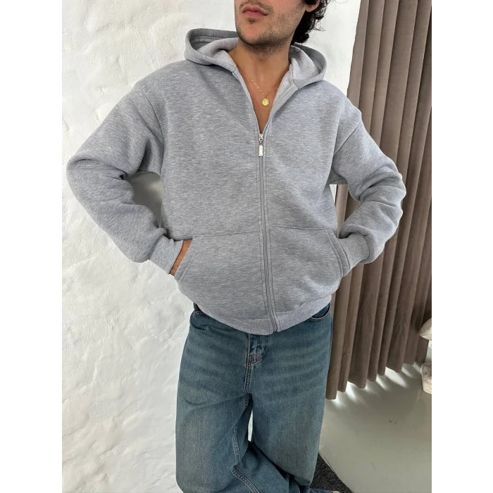 Gri Basic Kapşonlu Unisex Oversize Sweat