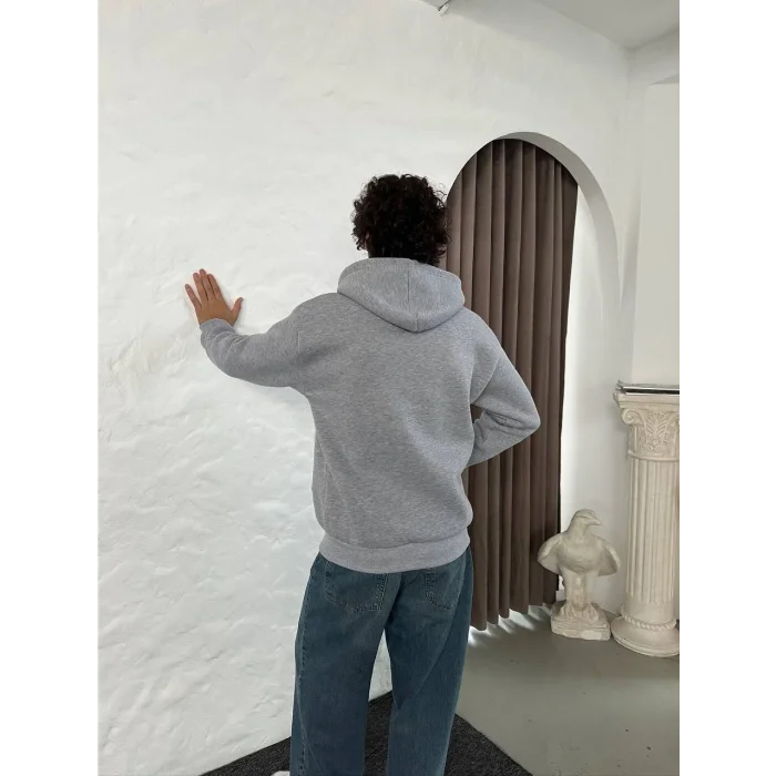 Gri Basic Kapşonlu Unisex Oversize Sweat