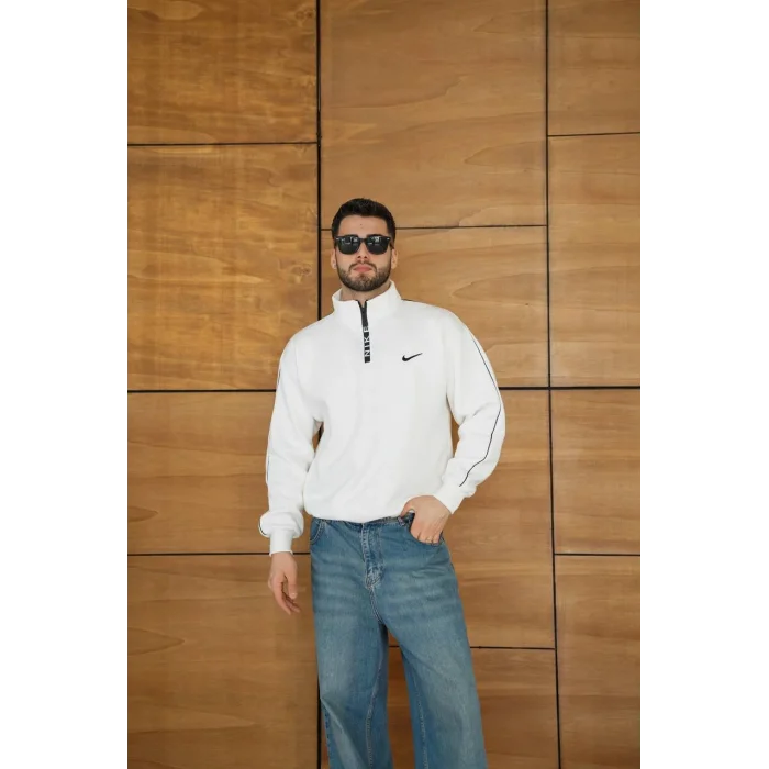 Beyaz NK Kol Biyeli Unisex Oversize Sweat