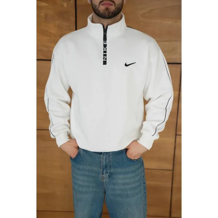 Beyaz NK Kol Biyeli Unisex Oversize Sweat