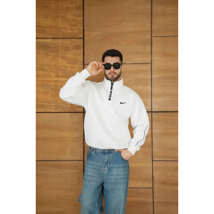 Beyaz NK Kol Biyeli Unisex Oversize Sweat