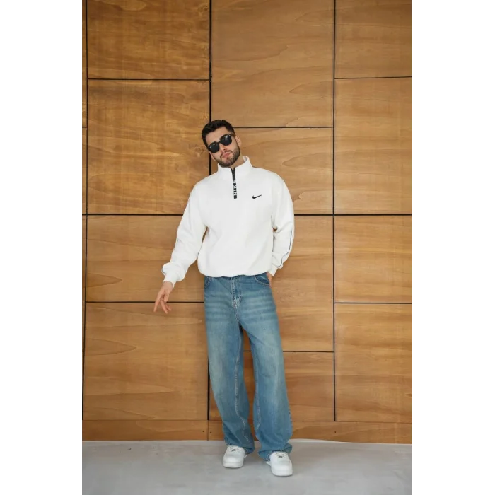 Beyaz NK Kol Biyeli Unisex Oversize Sweat