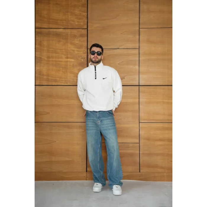 Beyaz NK Kol Biyeli Unisex Oversize Sweat