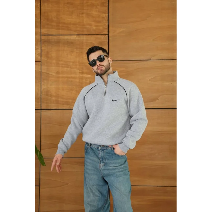 Gri NK Omuz Biyeli Fermuar Yaka Unisex Oversize Sweat