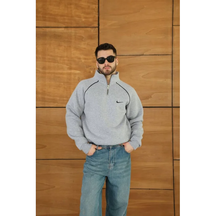 Gri NK Omuz Biyeli Fermuar Yaka Unisex Oversize Sweat