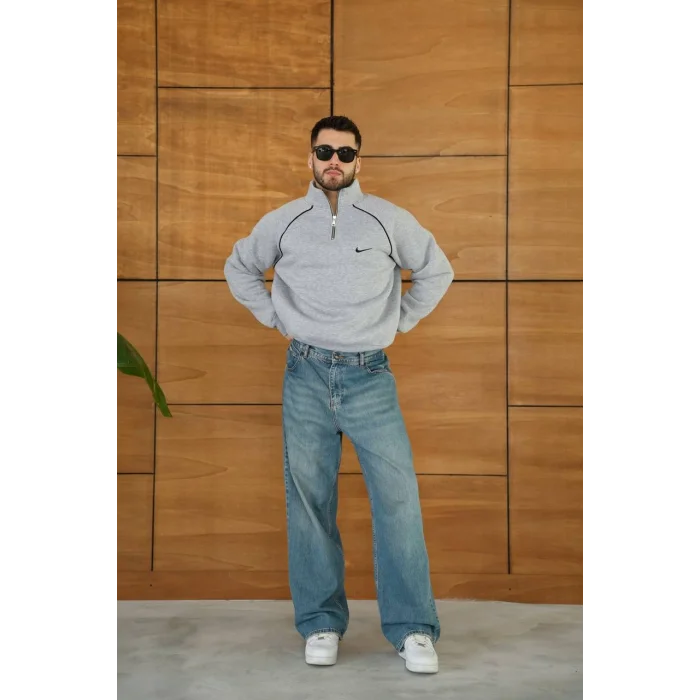 Gri NK Omuz Biyeli Fermuar Yaka Unisex Oversize Sweat