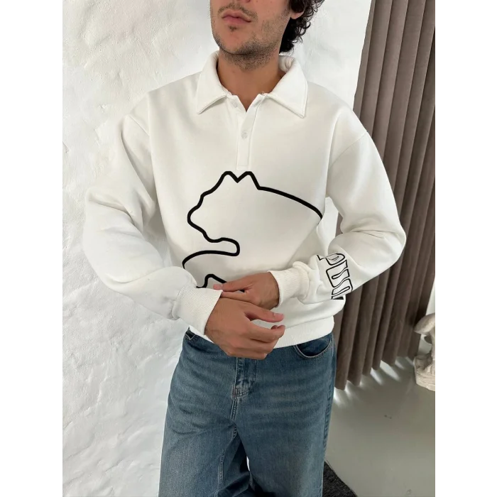 Beyaz PM Polo Yaka Unisex Oversize Sweat
