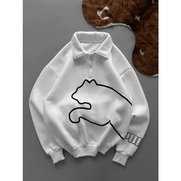 Beyaz PM Polo Yaka Unisex Oversize Sweat