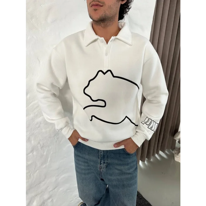 Beyaz PM Polo Yaka Unisex Oversize Sweat