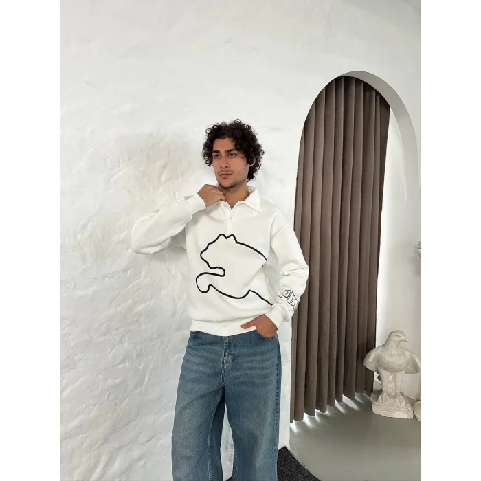 Beyaz PM Polo Yaka Unisex Oversize Sweat
