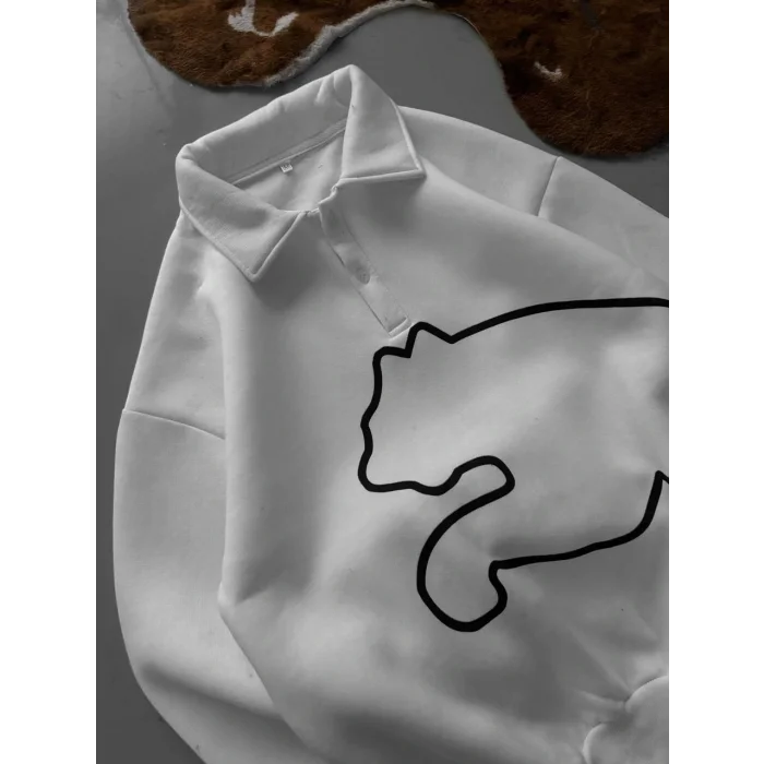 Beyaz PM Polo Yaka Unisex Oversize Sweat