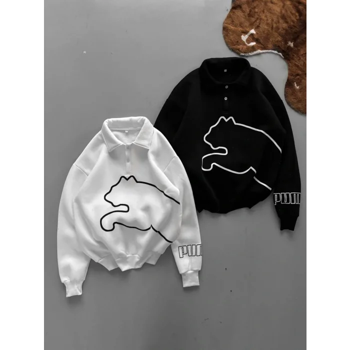 Beyaz PM Polo Yaka Unisex Oversize Sweat