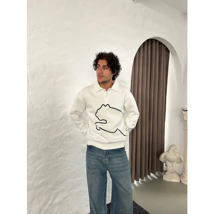 Beyaz PM Polo Yaka Unisex Oversize Sweat