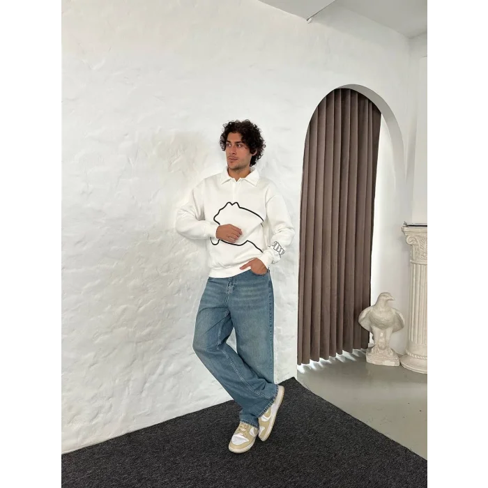 Beyaz PM Polo Yaka Unisex Oversize Sweat