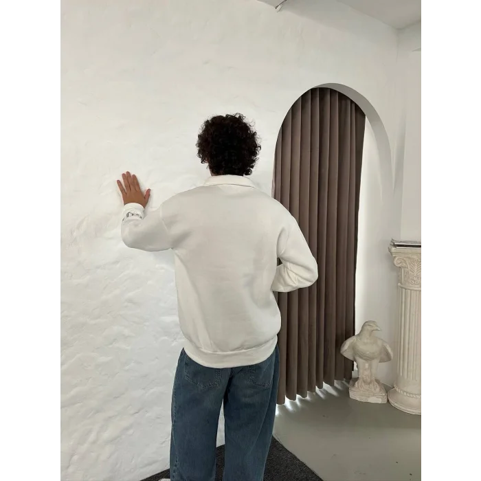 Beyaz PM Polo Yaka Unisex Oversize Sweat