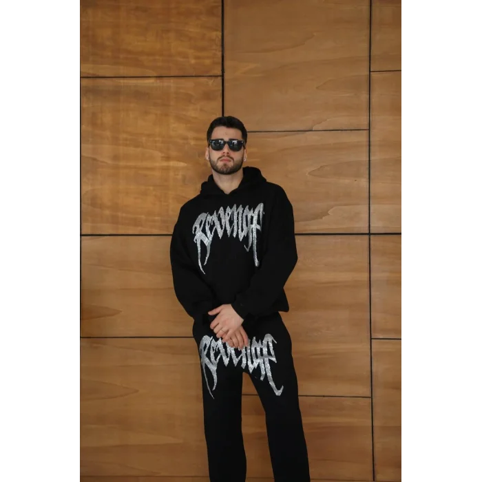 Siyah Revengf Kapşonlu Unisex Oversize Eşofman Takımı