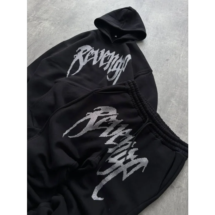 Siyah Revengf Kapşonlu Unisex Oversize Eşofman Takımı