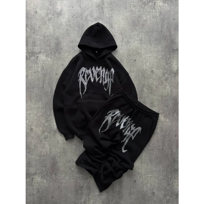 Siyah Revengf Kapşonlu Unisex Oversize Eşofman Takımı