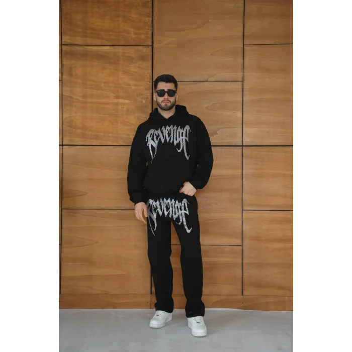 Siyah Revengf Kapşonlu Unisex Oversize Eşofman Takımı