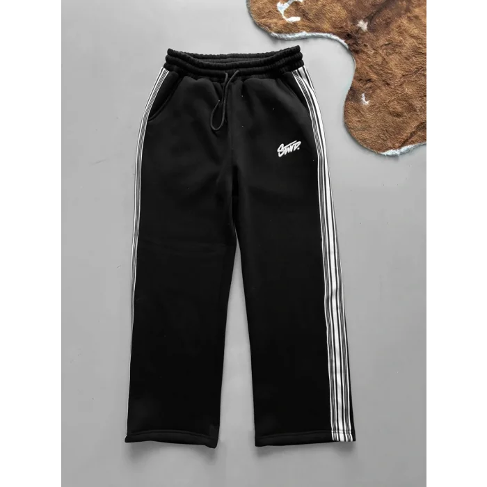 Siyah STWD Şeritli Unisex Oversize Eşofman