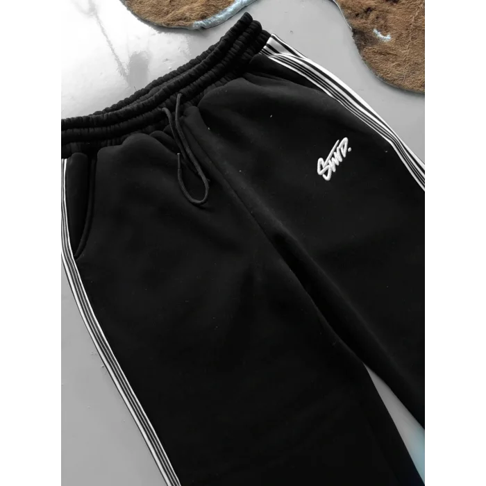 Siyah STWD Şeritli Unisex Oversize Eşofman