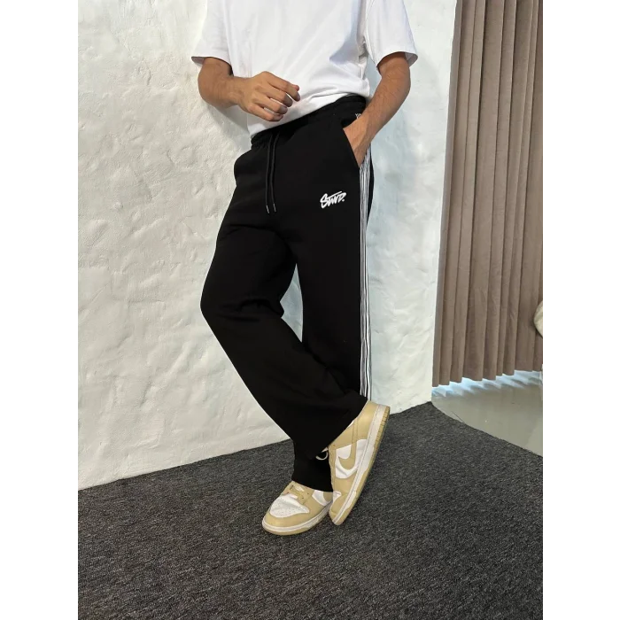 Siyah STWD Şeritli Unisex Oversize Eşofman